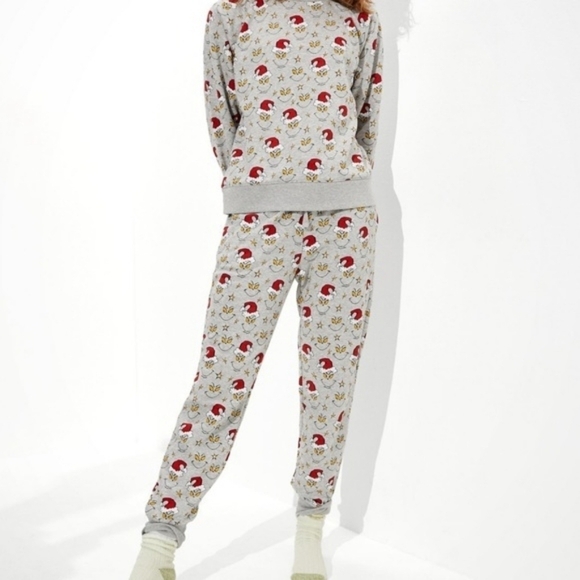 Ae | Grinch Christmas Pajama Set Gray Crew Neck Sweatshirt & Hi-Rise Joggers S - Picture 4 of 9